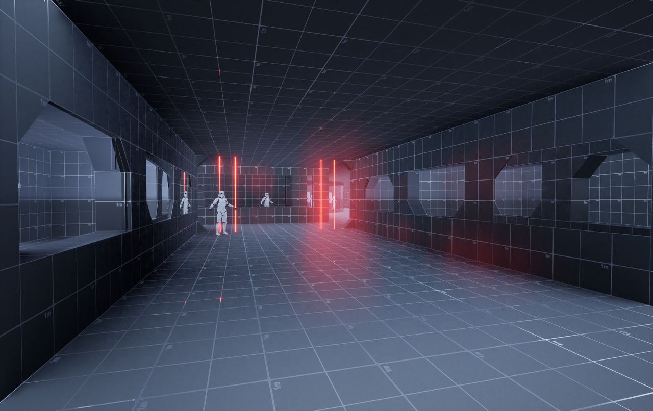 Facility entrance interior with checkpoint lighting, controlled sightlines, and early combat framing