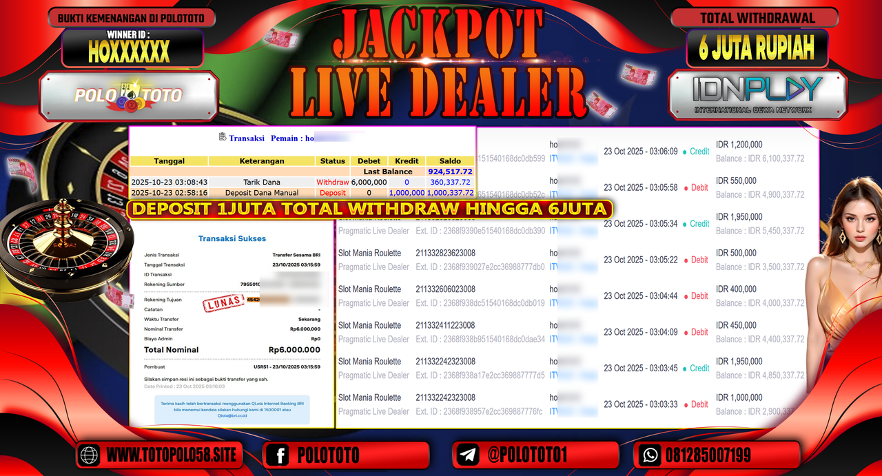 POLOTOTO JACKPOT LIVE DEALER SLOT MANIA ROULETTE Rp.6.000.000,- LUNAS