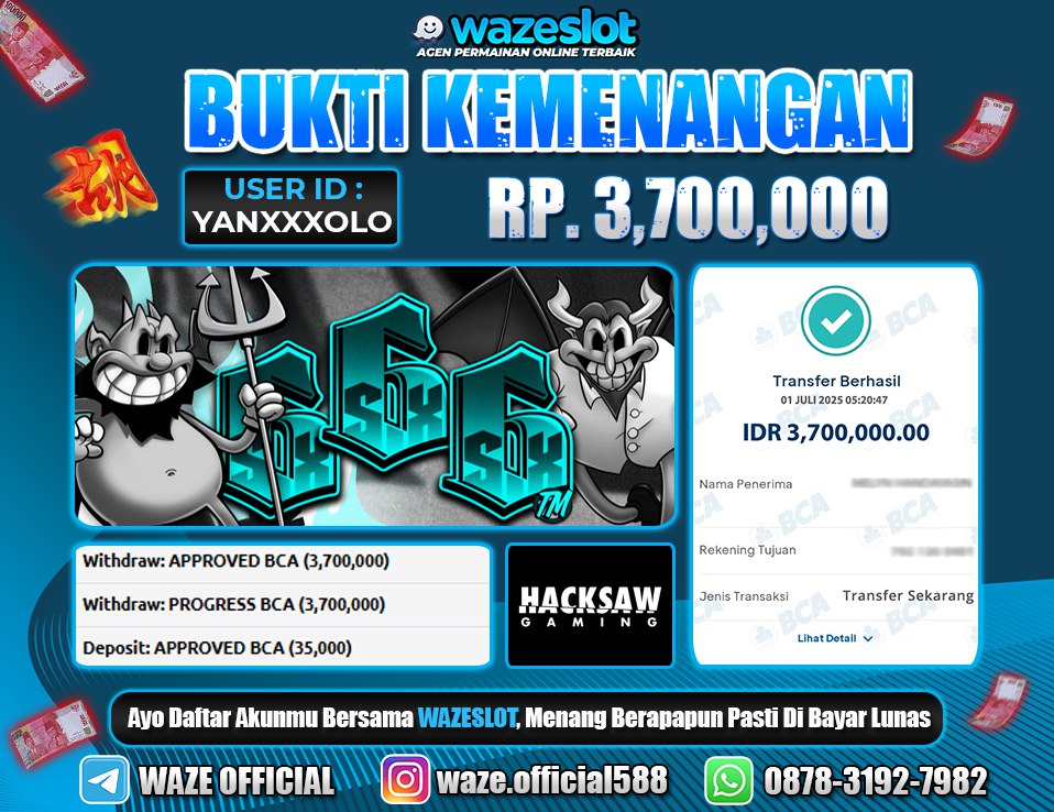 BUKTI KEMENANGAN 1 JULI 2025 DI GAME  SixSixSix ( HACKSHAW GAMING )