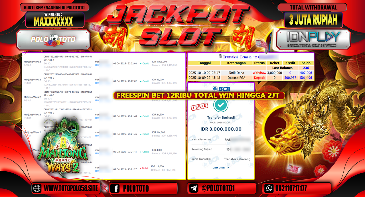 POLOTOTO JACKPOT SLOT MAHJONG WAYS 2 Rp.3.000.000,- LUNAS
