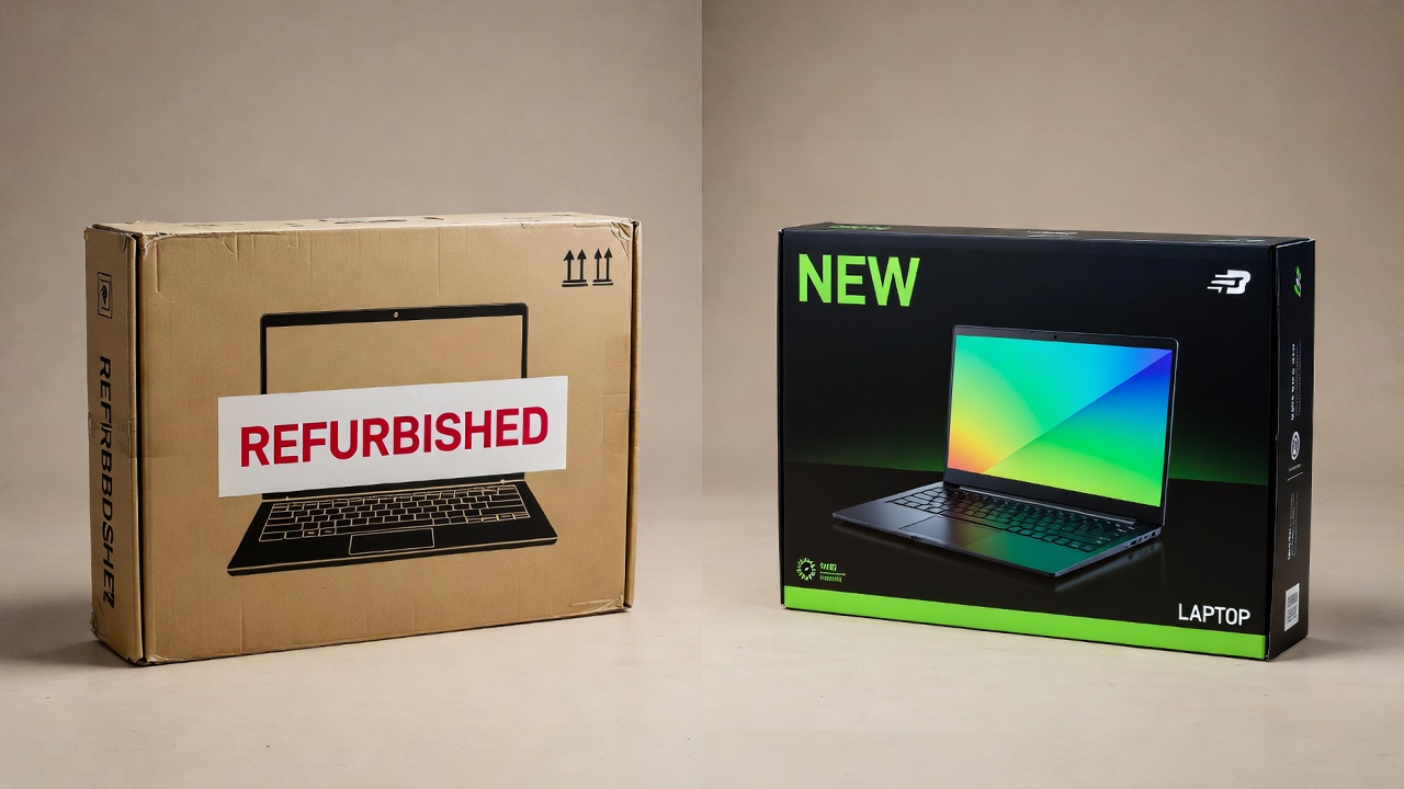 Split view showing a person holding a refurbished laptop box and a new laptop box side by side