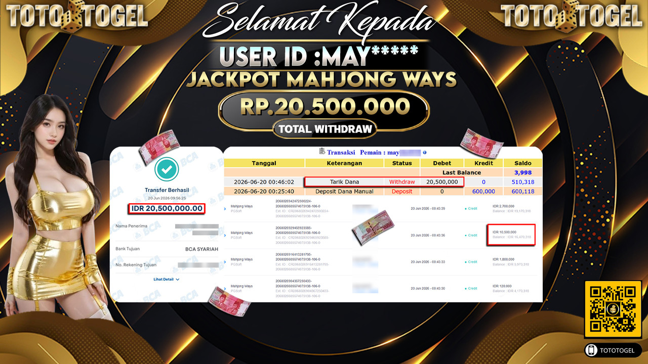 Bukti Pembayaran Jackpot Permainan Slot Mahjong Ways ID:MAY*****LUNAS