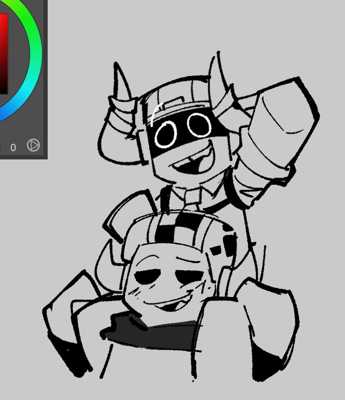 Skateboard carrying Boombox on his shoulders, as Boombox has one of his arms raised up with a joy-filled expression.