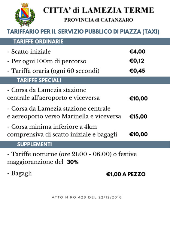 Official municipal taxi rate list for Lamezia Terme