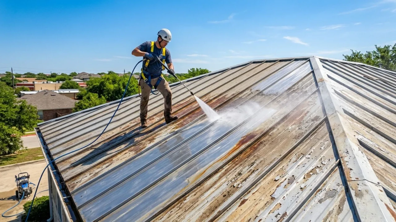 Metal roof surface preparation pressure washing before painting San Antonio