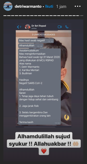 Detri Warmanto negatif COVID-19