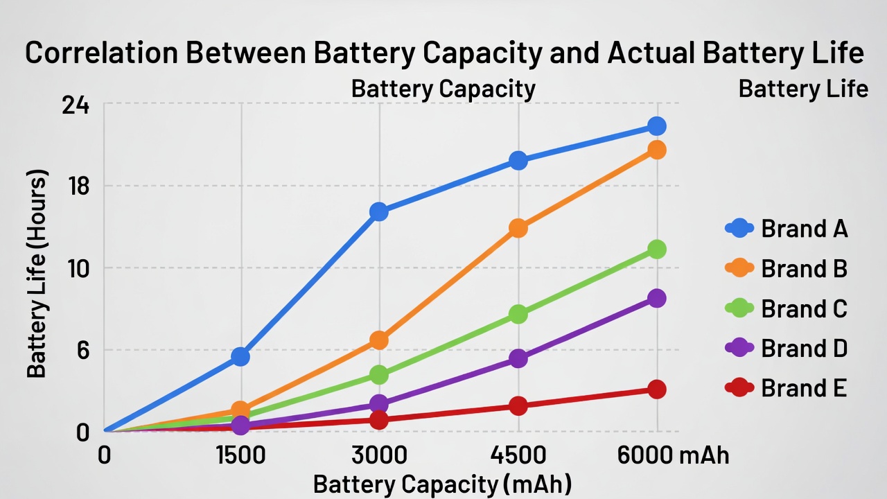 Graph showing correlation between battery capacity and actual smartphone battery life test results across brands
