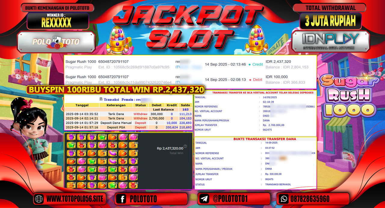 POLOTOTO JACKPOT SLOT SUGAR RUSH 1000 Rp.3.000.000,-