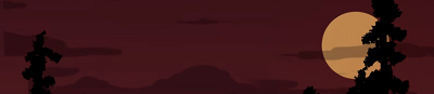 A banner made from the webcomic School Bus Graveyard by lilredbeany. It shows the silhouettes of tall trees, hazy clouds, and a yellow moon against a dark red sky.