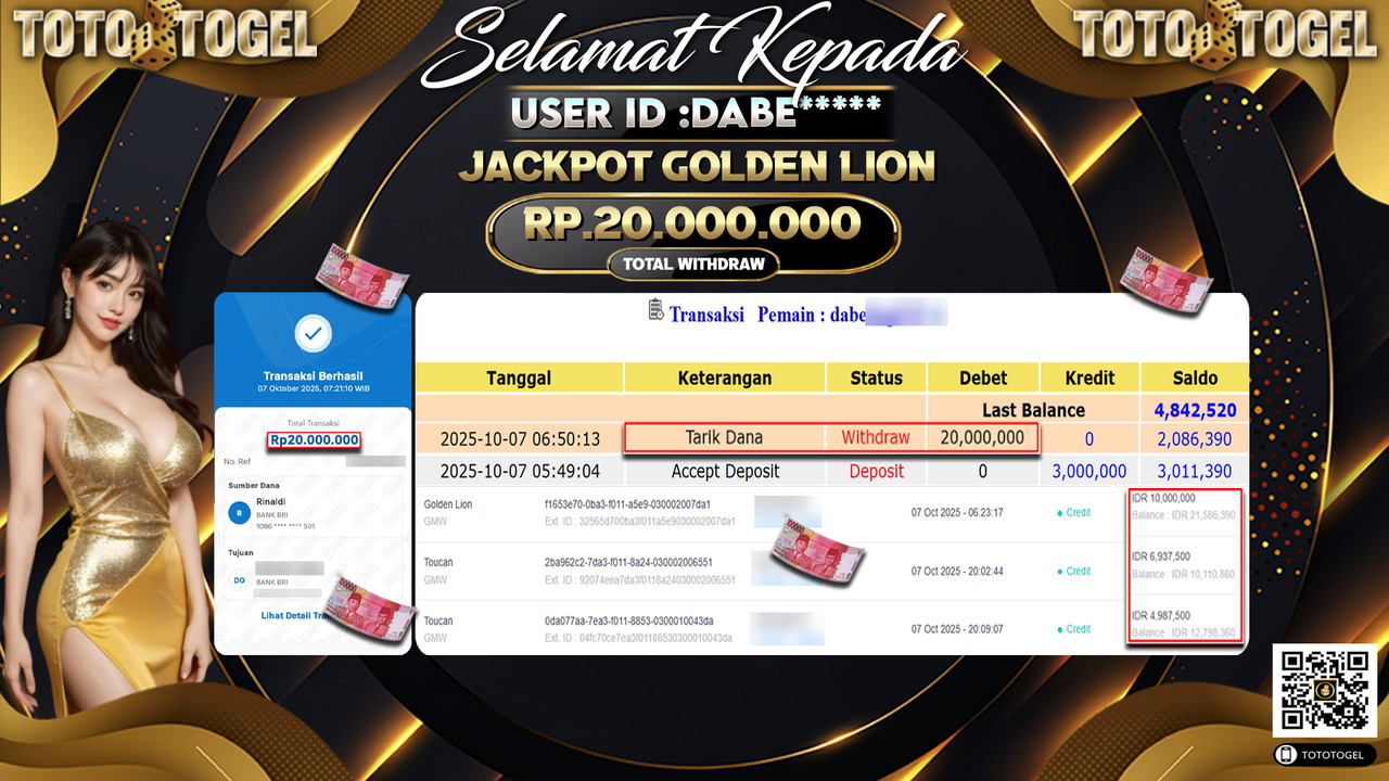 Bukti Pembayaran Jackpot Permainan Slot Golden Lion ID:DABE*** LUNAS