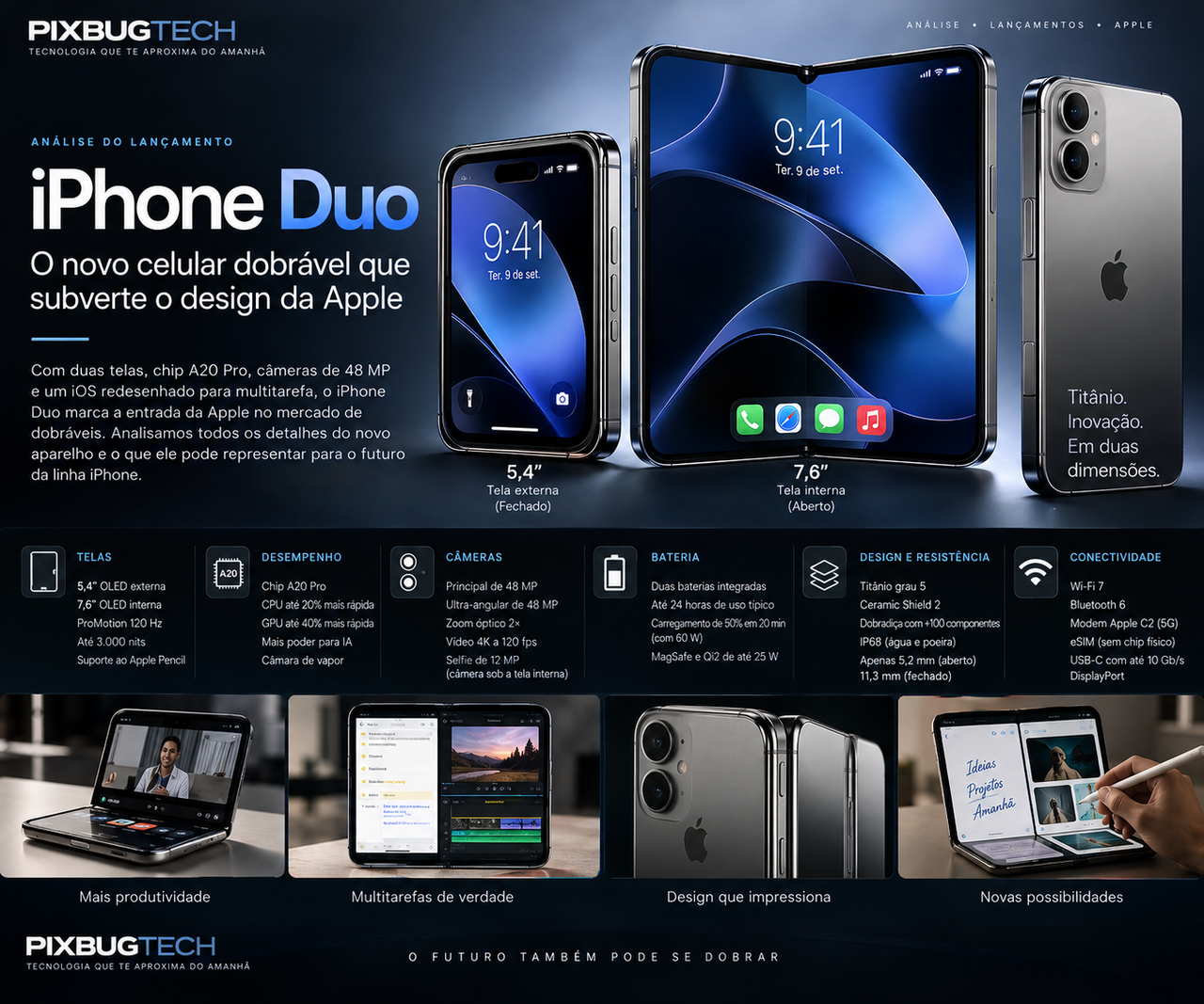 iPhone Duo: Apple entra nos dobráveis com duas telas, A20 Pro e bateria dividida em dois módulos