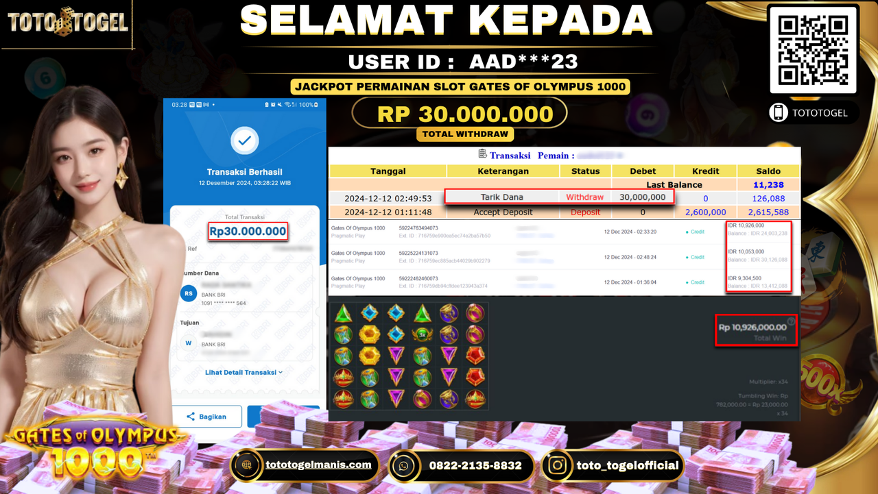 Bukti Pembayaran Jackpot Permainan Slot Gates Of Olmypus 1000 ID: AAD***23 LUNAS