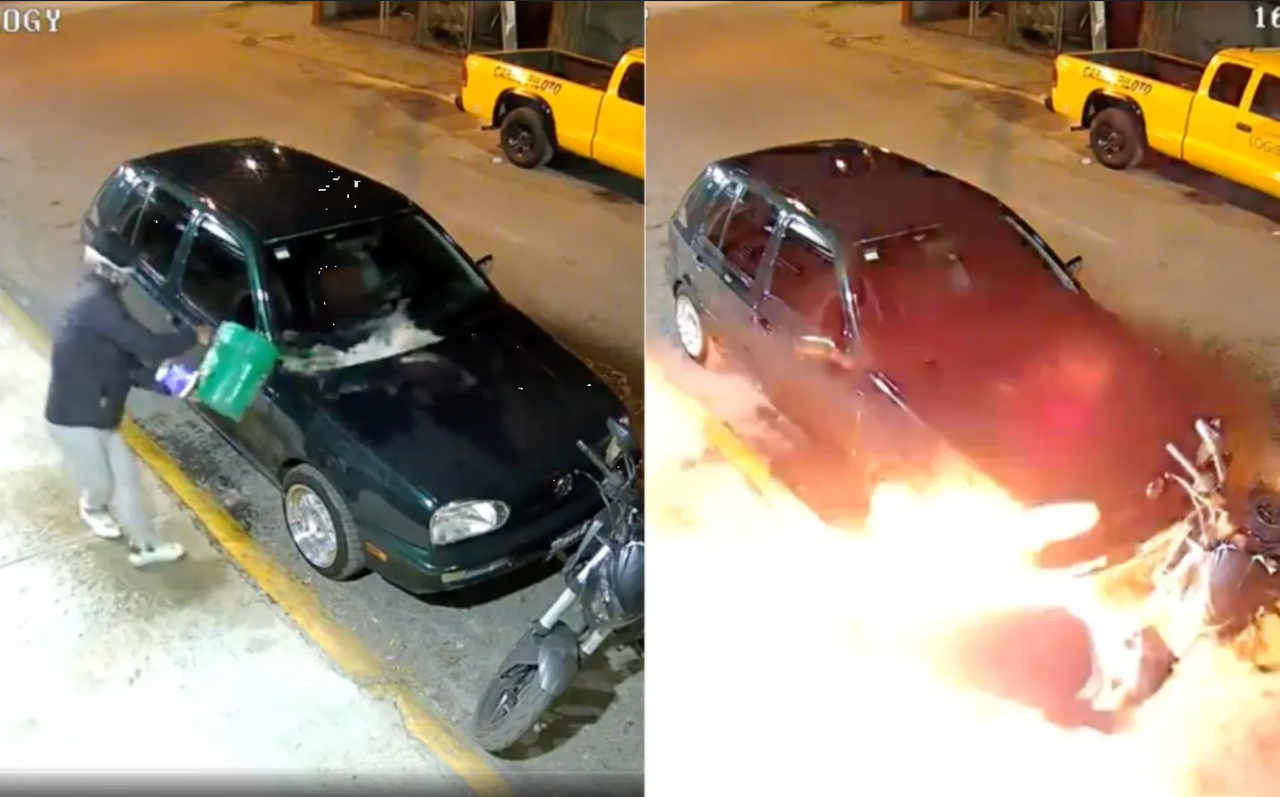 Extorsionador se rostiza como pollo al intentar quemar un auto en Edomex: video