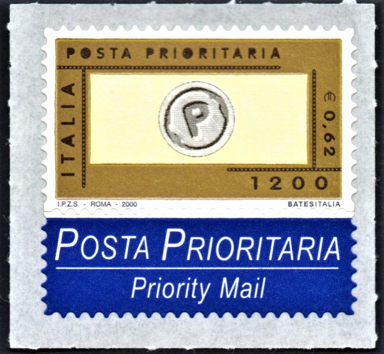 francobollo italia 2000 posta prioritaria serie ordinaria 1200 lire euro 0,62 repubblica italiana nuovo con appendice