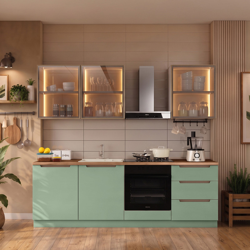 Hera 240 cm Mutfak Dolabı Seti %100 MDF Ledli Fırın Modüllü Çekmeceli Lavabolu Raflı Mutfak Dolabı Takımı 7 Modül Tezgah Dahil Yeşil Bej
