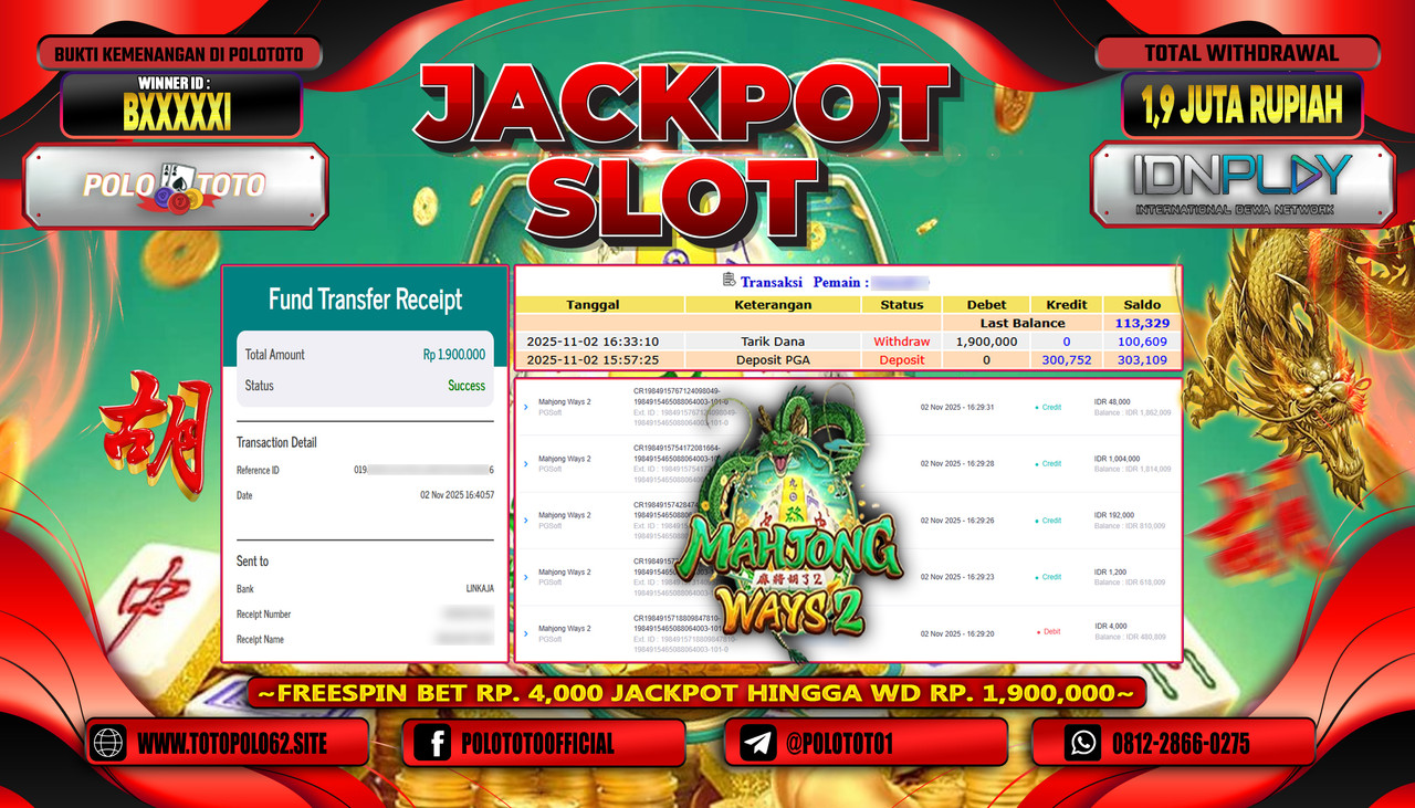 POLOTOTO JACKPOT SLOT MAHJONG WAYS 2 Rp.1.900.000,- LUNAS