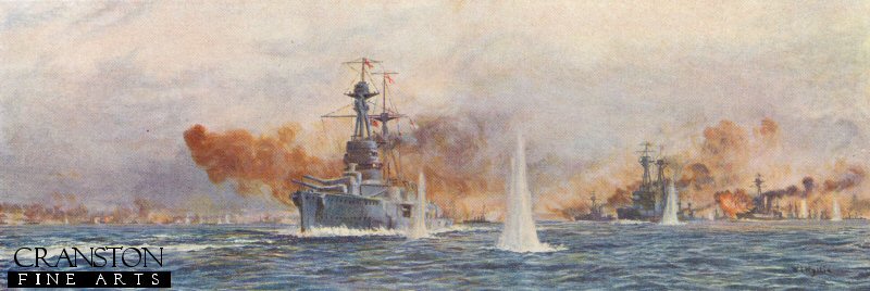 El HMS Royal Oak encabeza a los acorazados HMS Acasta, HMS Benbow, HMS Superb y HMS Canada en acción. Primera Guerra Mundial