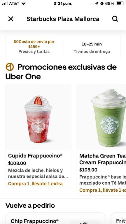 Uber Eats: Starbucks 2x1 en Frappuccinos incluyendo Cupido Frappuccino Uber One 
