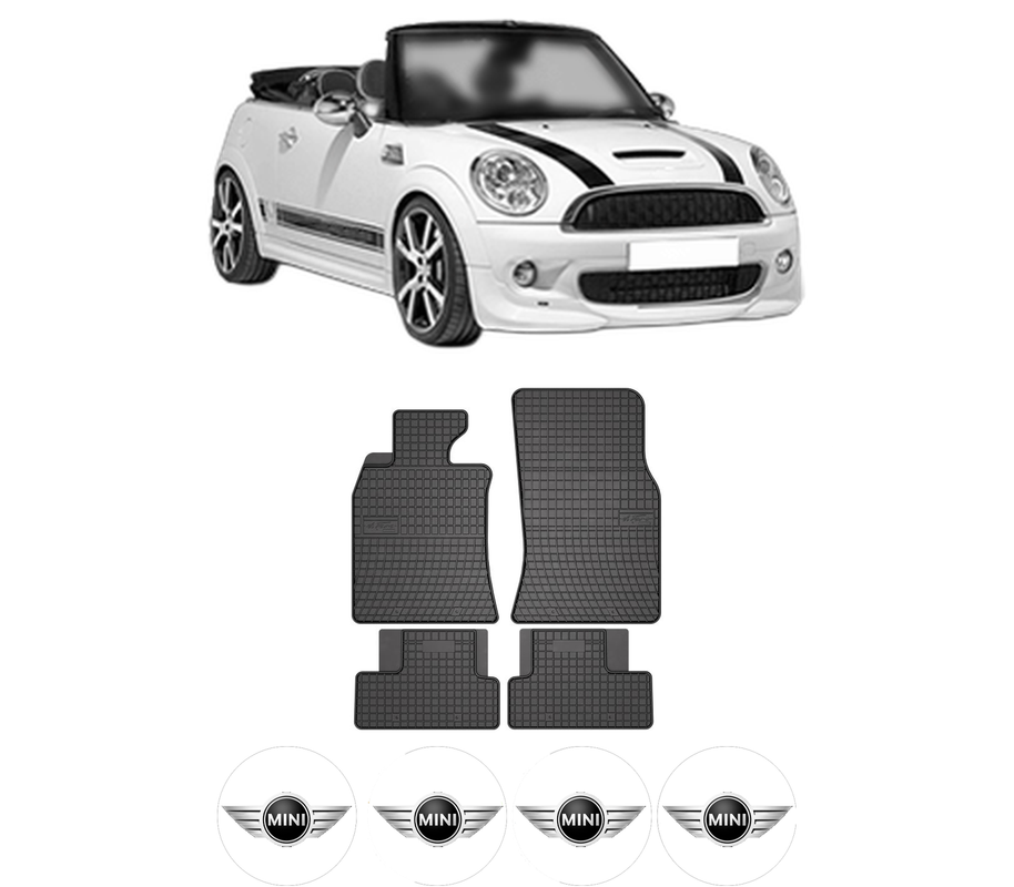 Set covorase presuri MINI MINI Convertible (R57) din 2007-2015, auto, din cauciuc thermoplastic, 4 Stickere auto cu MINI