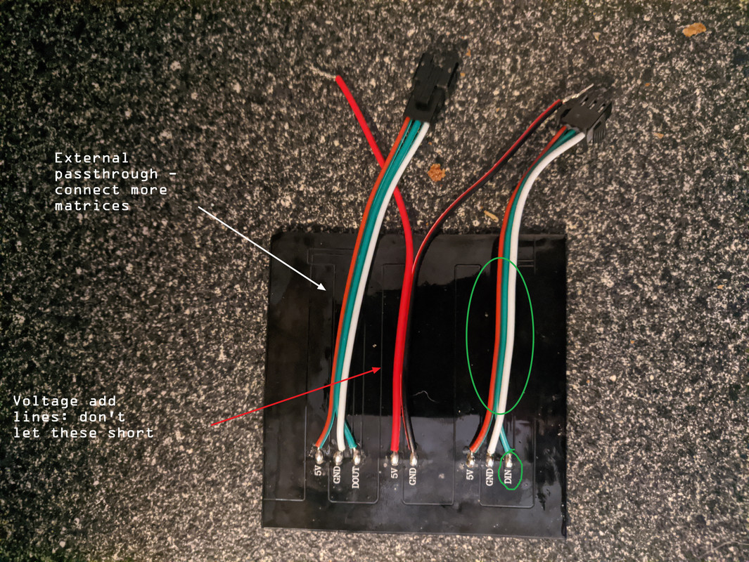 Back of a WS2812B board with labeled wires