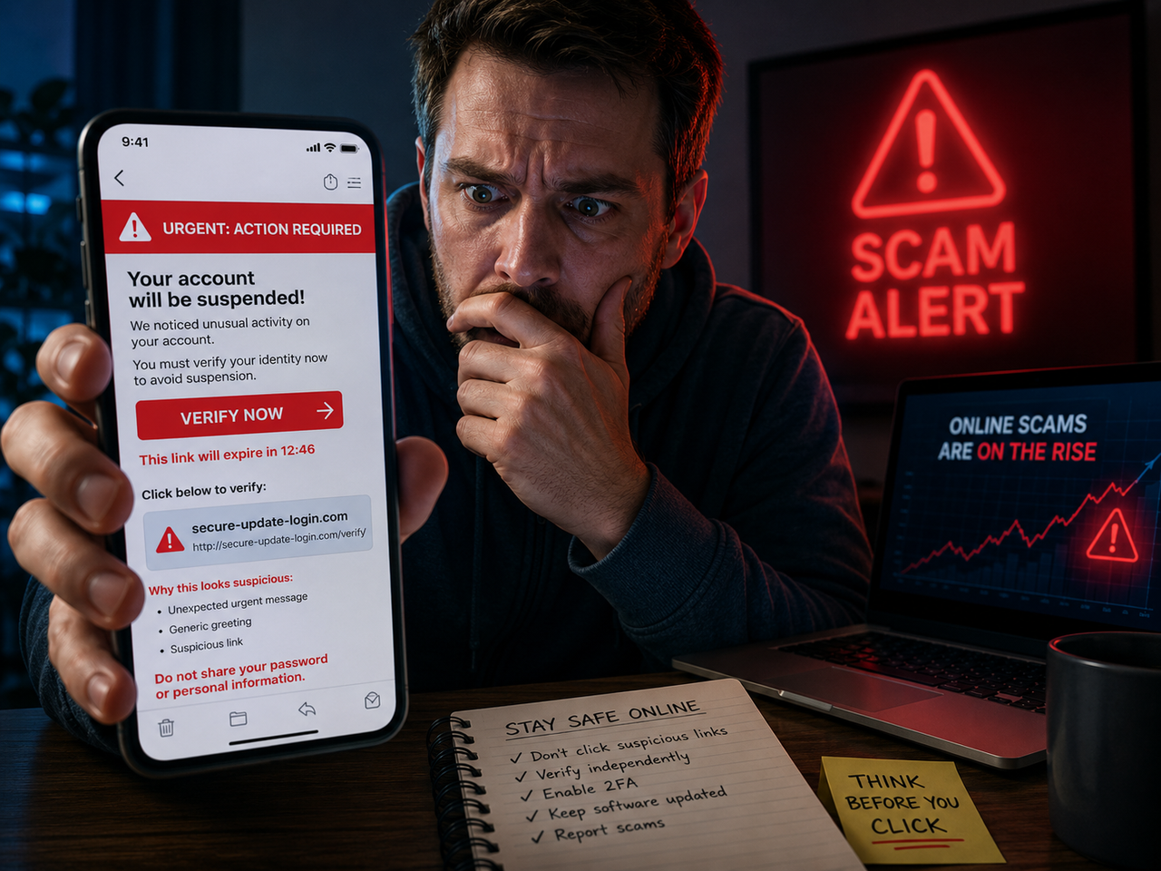 Fake online message creating urgency and asking the user to verify an account