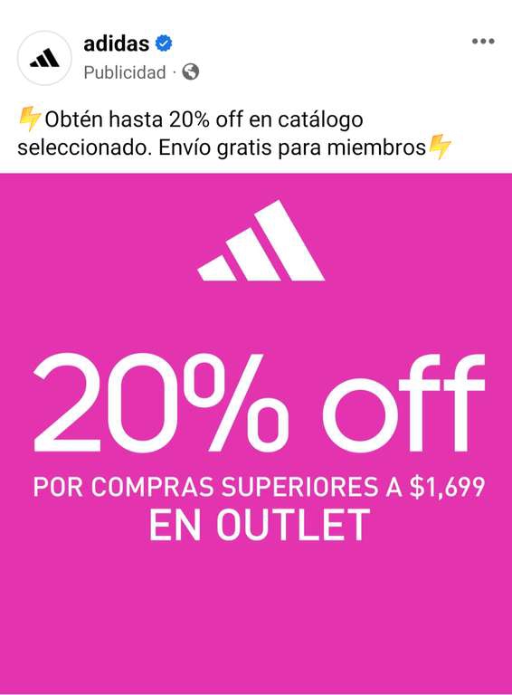Adidas APP: 20% de descuento adicional en la sección outlet (compra mínima $1699)