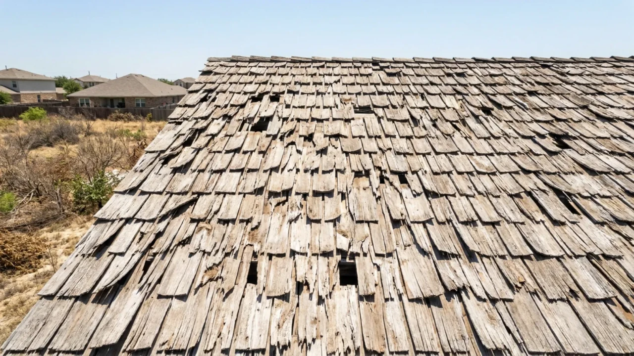 Weathered wood shake roof shingles affected by San Antonio dry heat