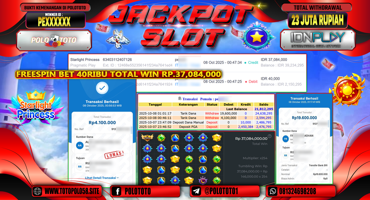 POLOTOTO JACKPOT SLOT STARLIGHT PRINCESS Rp.23.000.000,- LUNAS
