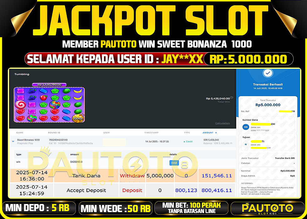BUKTI PEMBAYARAN TGL 14 JULY 2025 MENANG DI PERMAINAN SWEET BONANZA 1000 TOTAL WD 5 JUTA