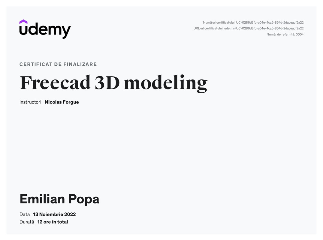 Freecad 3D modeling Certificat