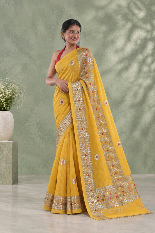 Women's Designer Kota Doria Gota Patti Saree with Aari Embroidery & Unstitched Blouse Piece