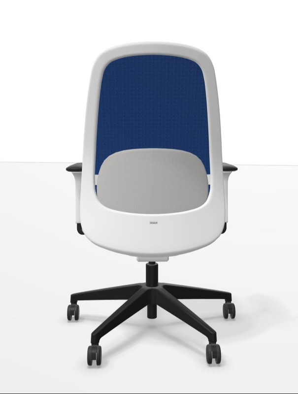 Bürostuhl mit grauem Sitz und blauem Netzrücken, Rückansicht auf schwarzem Fußkreuz.