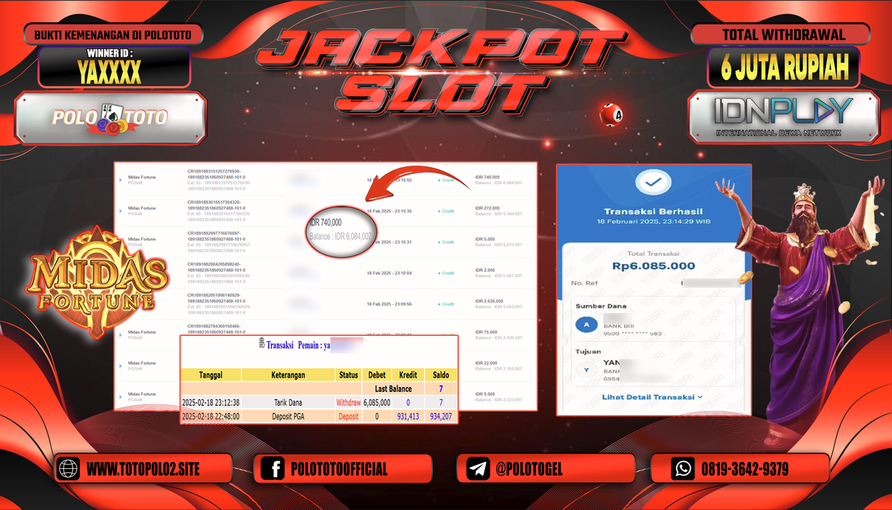 POLOTOTO JACKPOT SLOT MIDAS FORTUNE Rp.6.000.000,-