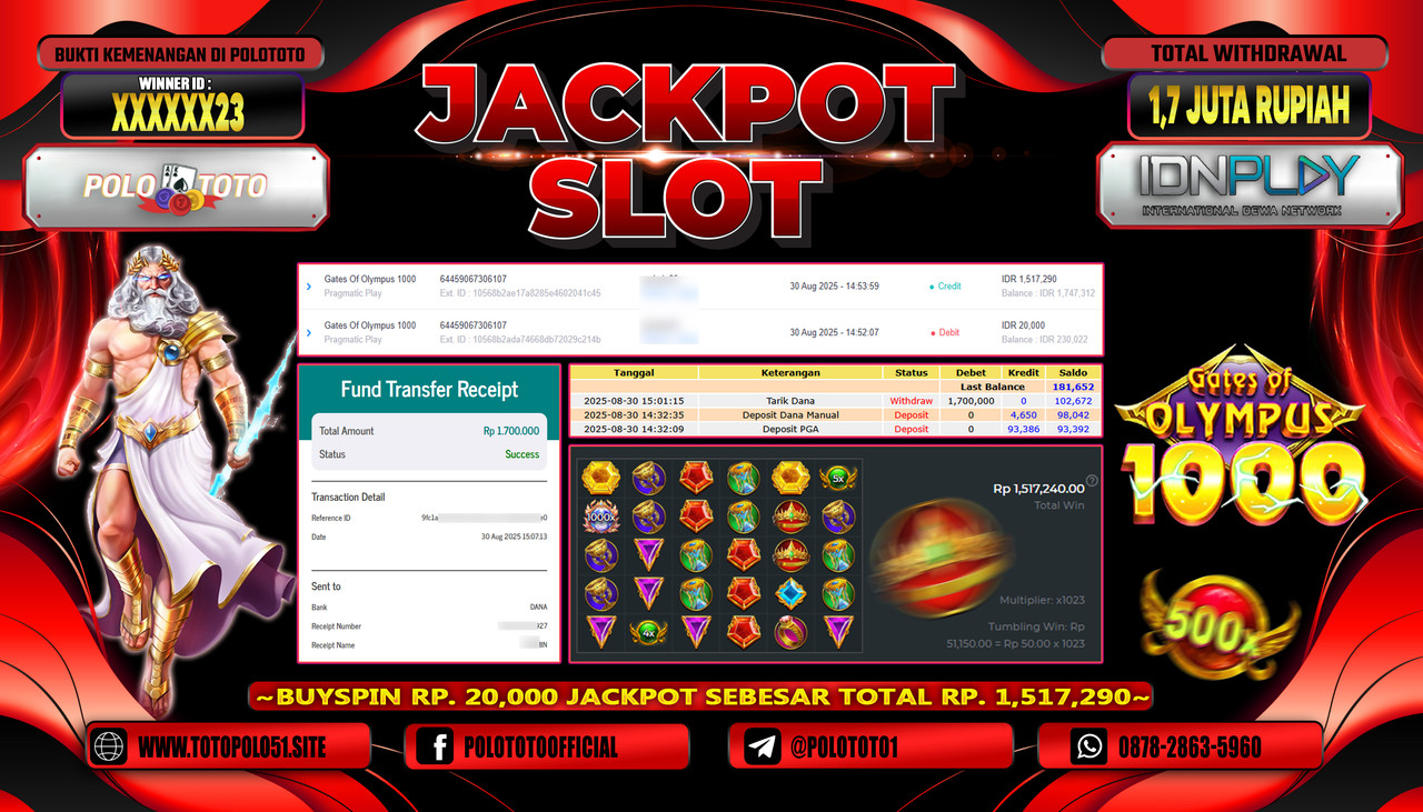 POLOTOTO JACKPOT SLOT GATES OF OLYMPUS 1000 Rp.1.700.000,-LUNAS