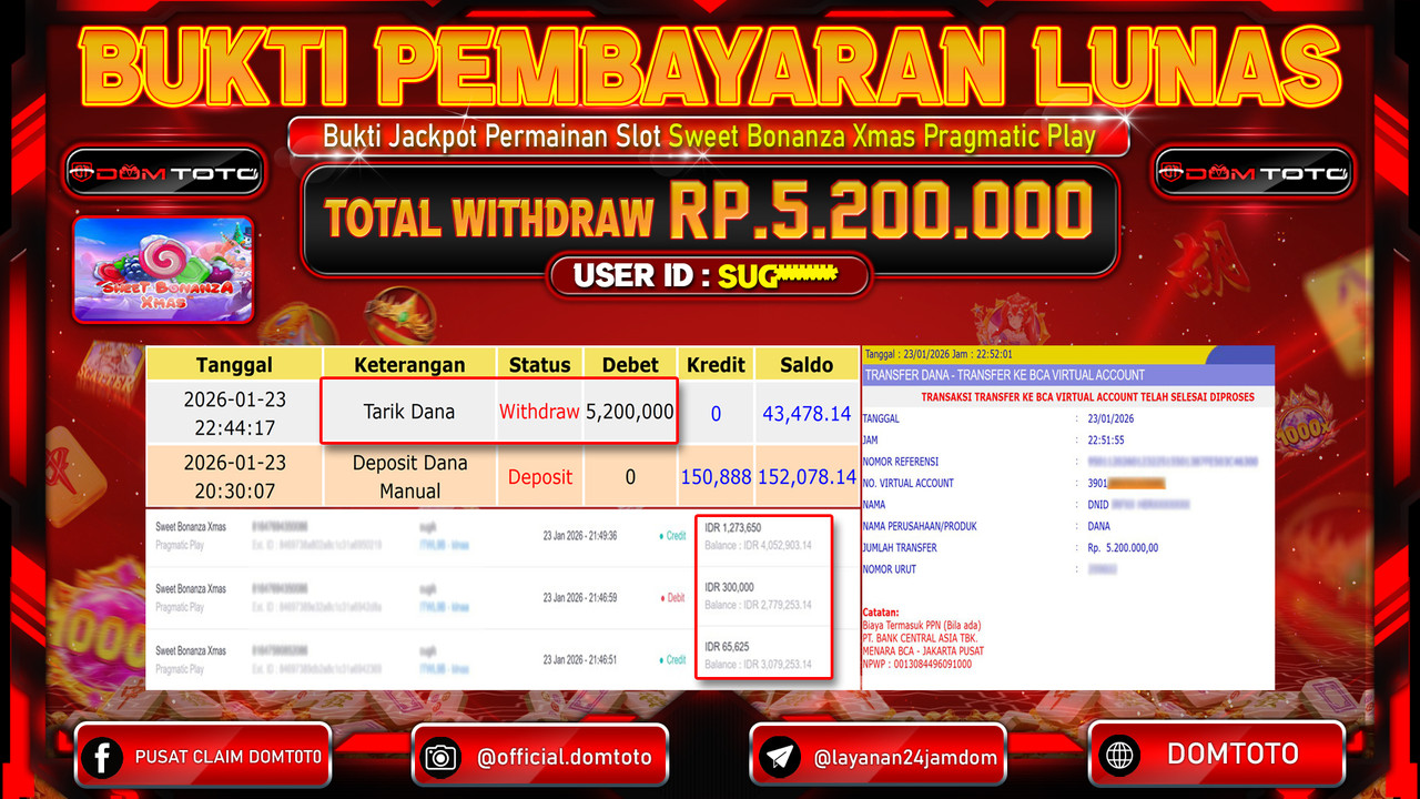 JACKPOT SLOT Sweet Bonanza Xmas Pragmatic Play  23 JANUARI 2026