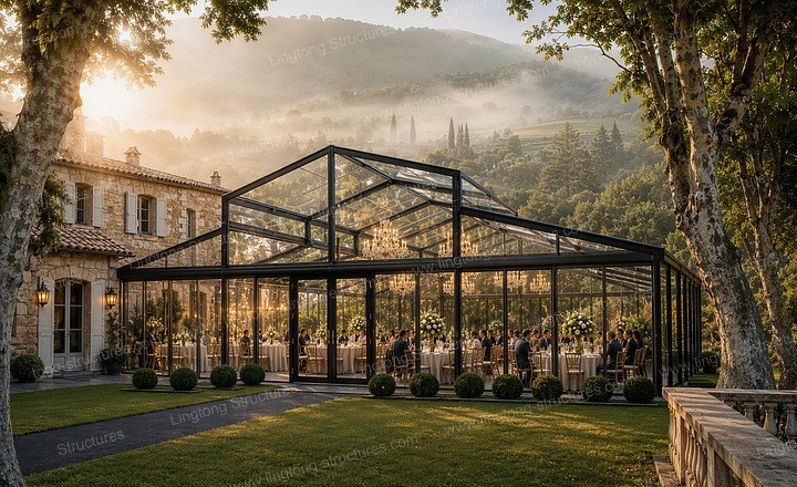 Atrium tent blending with historic stone architecture in Provence