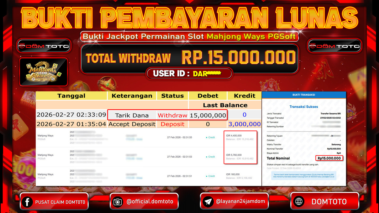 JACKPOT SLOT Mahjong Ways PGSoft 27 FEBRUARI 2026