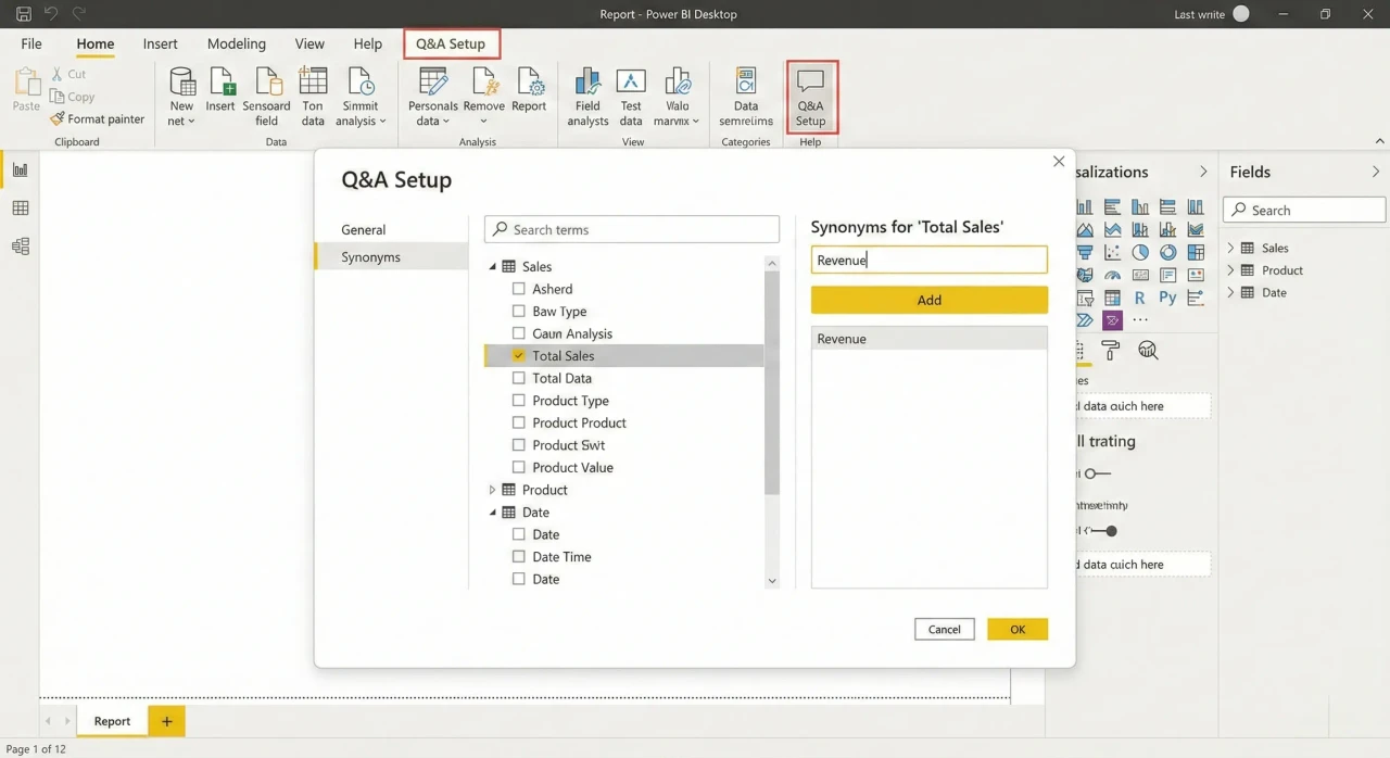 Power BI Q&A Setup screen showing synonyms feature