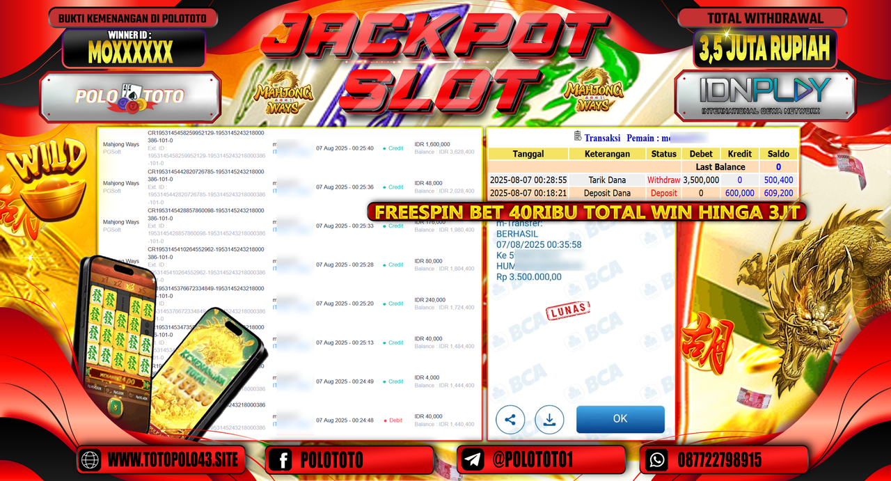 POLOTOTO JACKPOT SLOT MAHJONG WAYS Rp.3.500.000,-LUNAS