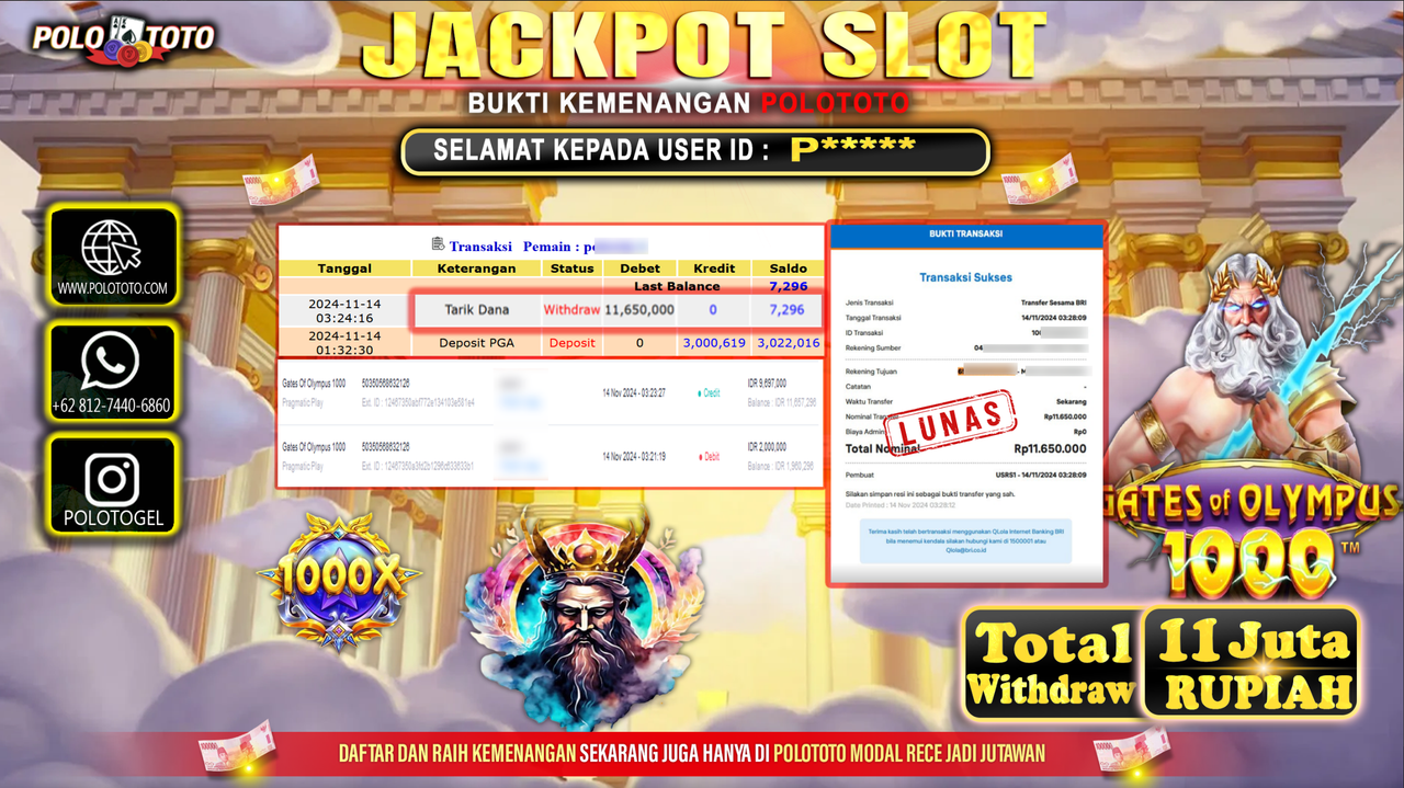 POLOTOTO JACKPOT SLOT GATES OF OLYMPUS 1000  Rp.11.650.000,- 