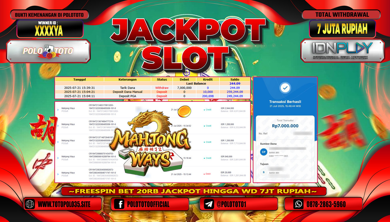 POLOTOTO JACKPOT SLOT MAHJONG WAYS Rp.7.000.000,- LUNAS