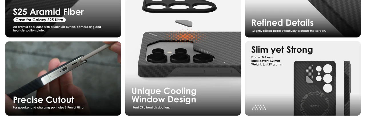 Husa pentru Samsung S25 Ultra, Aulumu din fibra de aramida, Ultra slim, compatibila MagSafe, Racire activa CoolHyper, Cadru camera din Aluminiu, Design rezistent la socuri, Disipare caldura, Protectie premium, Negru 3 a8a8f560 11dd 41c1 8cf0 bdb400c8a24b