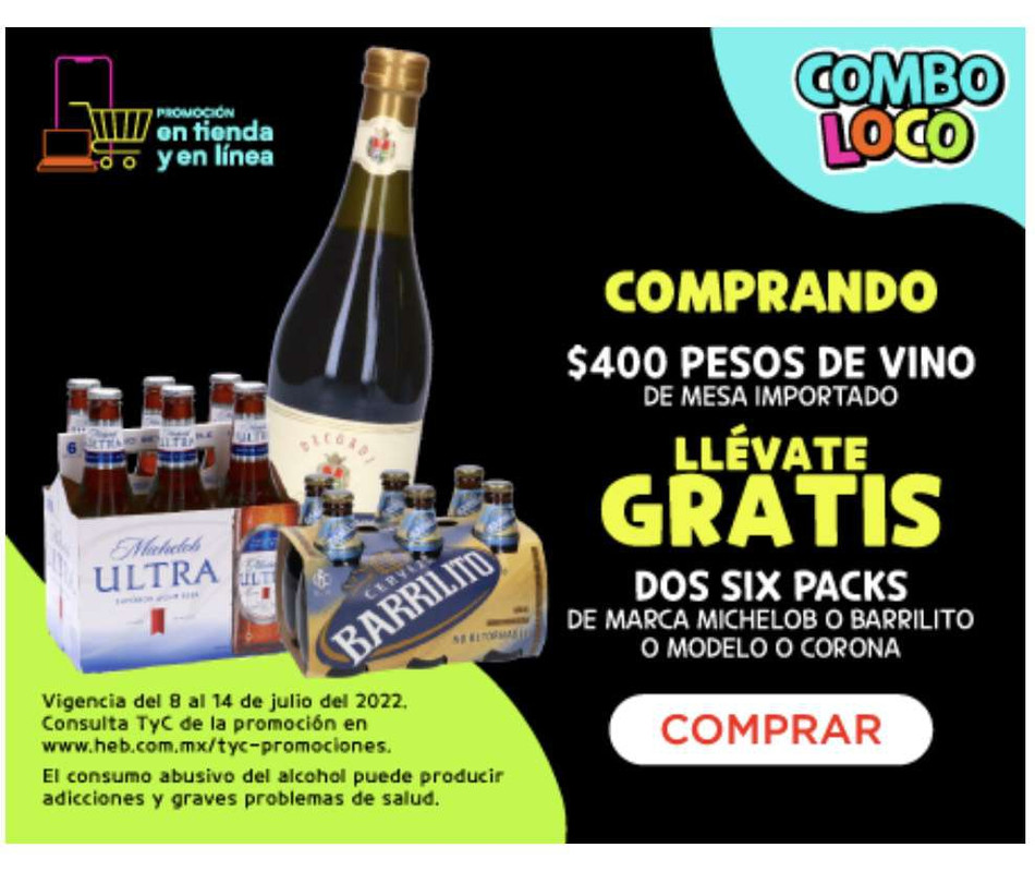 HEB - compra $400 en vino de mesa importado y lleva gratis 2 sixpack de michelob, barrilito, modelo o corona 
