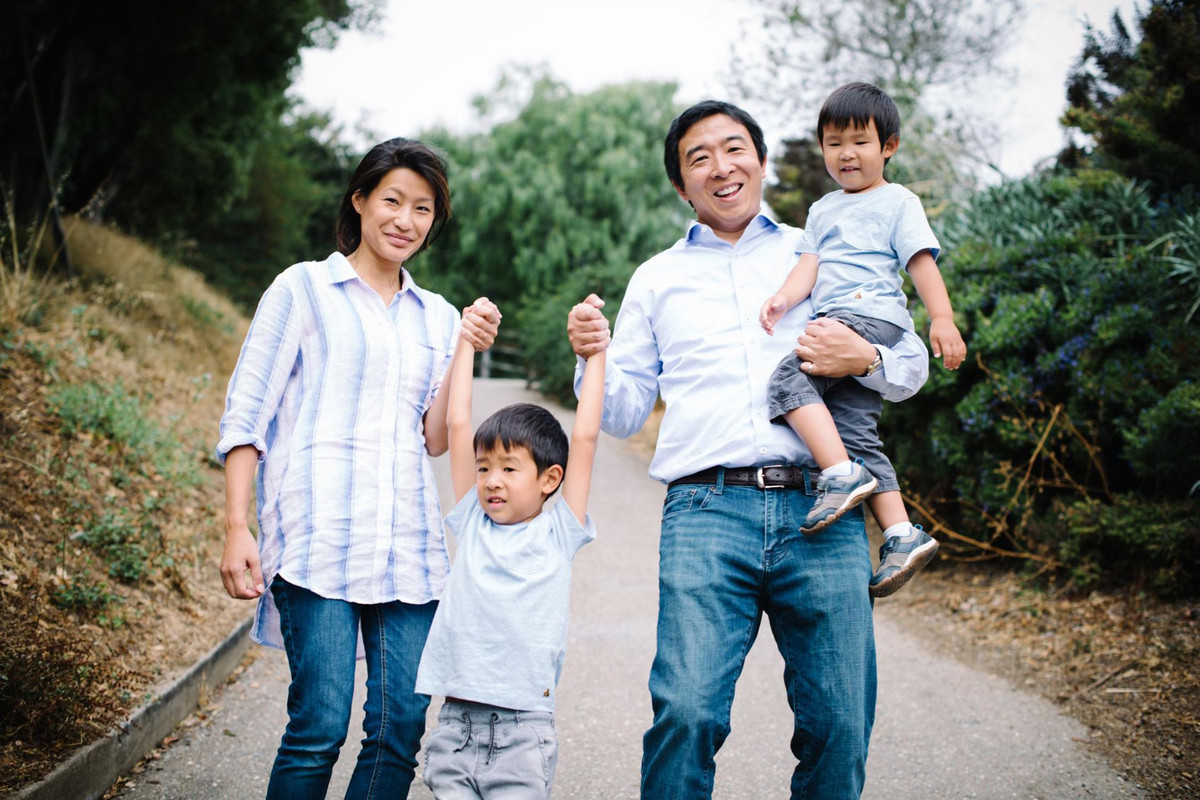 Andrew Yang with his wife and children