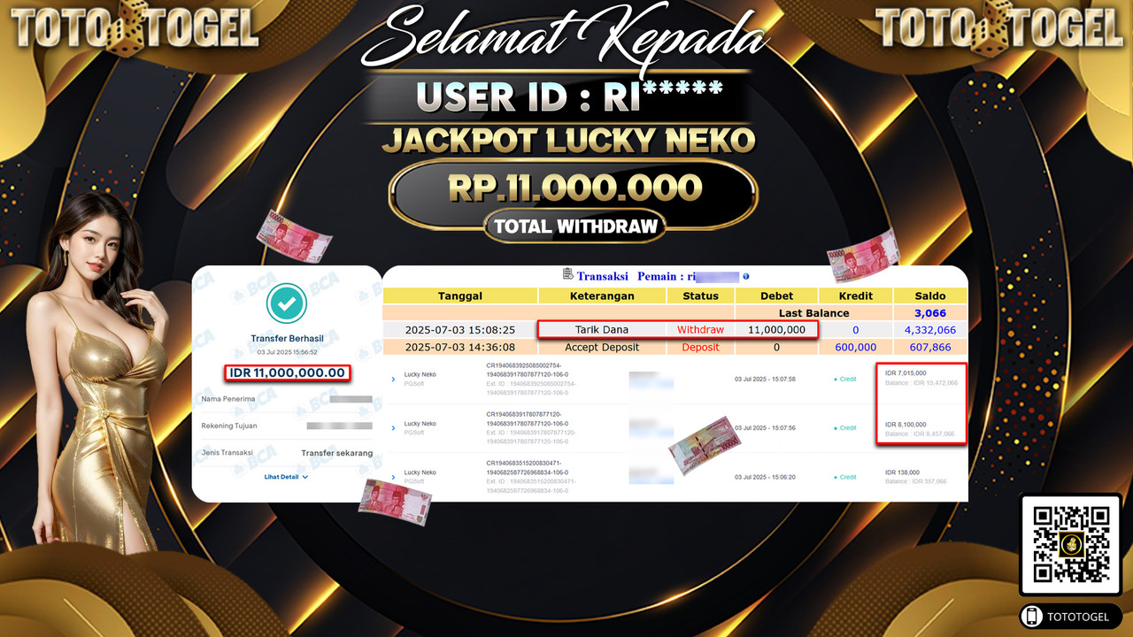 Bukti Pembayaran Jackpot Permainan Slot Lucky Neko ID:RI***** LUNAS