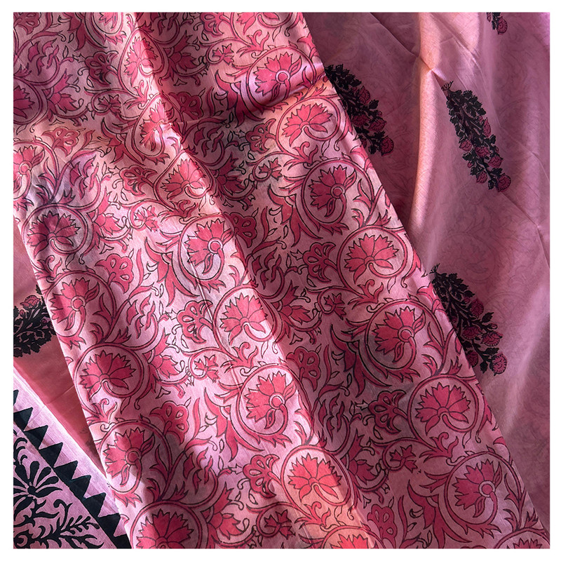 Hand Block Printed Pink Saree With Red and Green Buttis