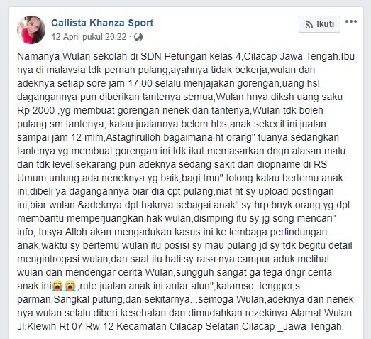 Unggahan di facebook tentang bocah penjual gorengan