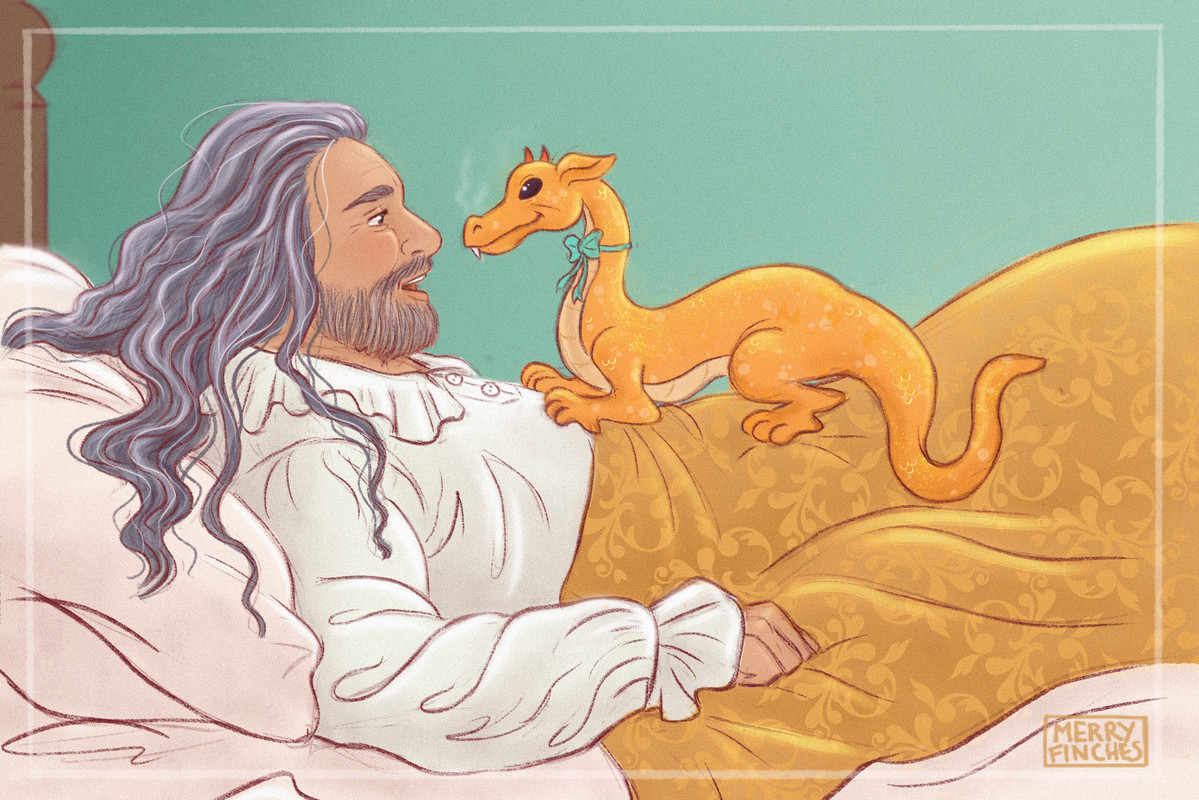 Ed is lying in bed, with his borrowed frilly nightshirt on. He's covered in a golden blanket, reminiscent of the Battle Jacket from Season 1. Sitting on Ed's chest is a small orange dragon, around the size of a cat. He is staring at Ed, and sporting a little blue bow on his neck. There are tendrils of smoke swirling from the dragon's nostrils. 