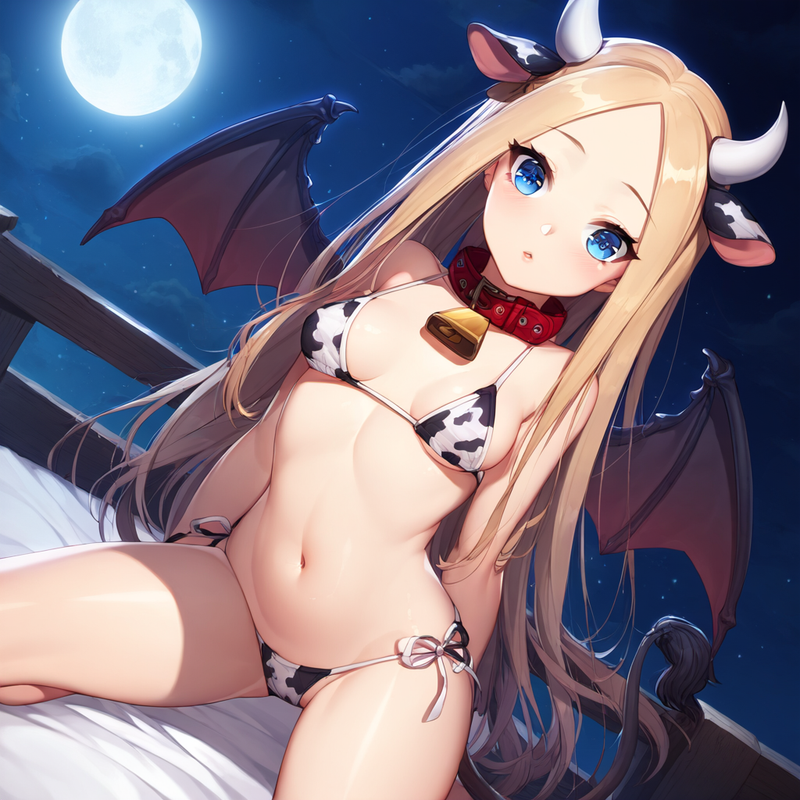 1girl, abigail williams (fate), cow bikini, shiny skin, glowing hair, small brea s-362012870