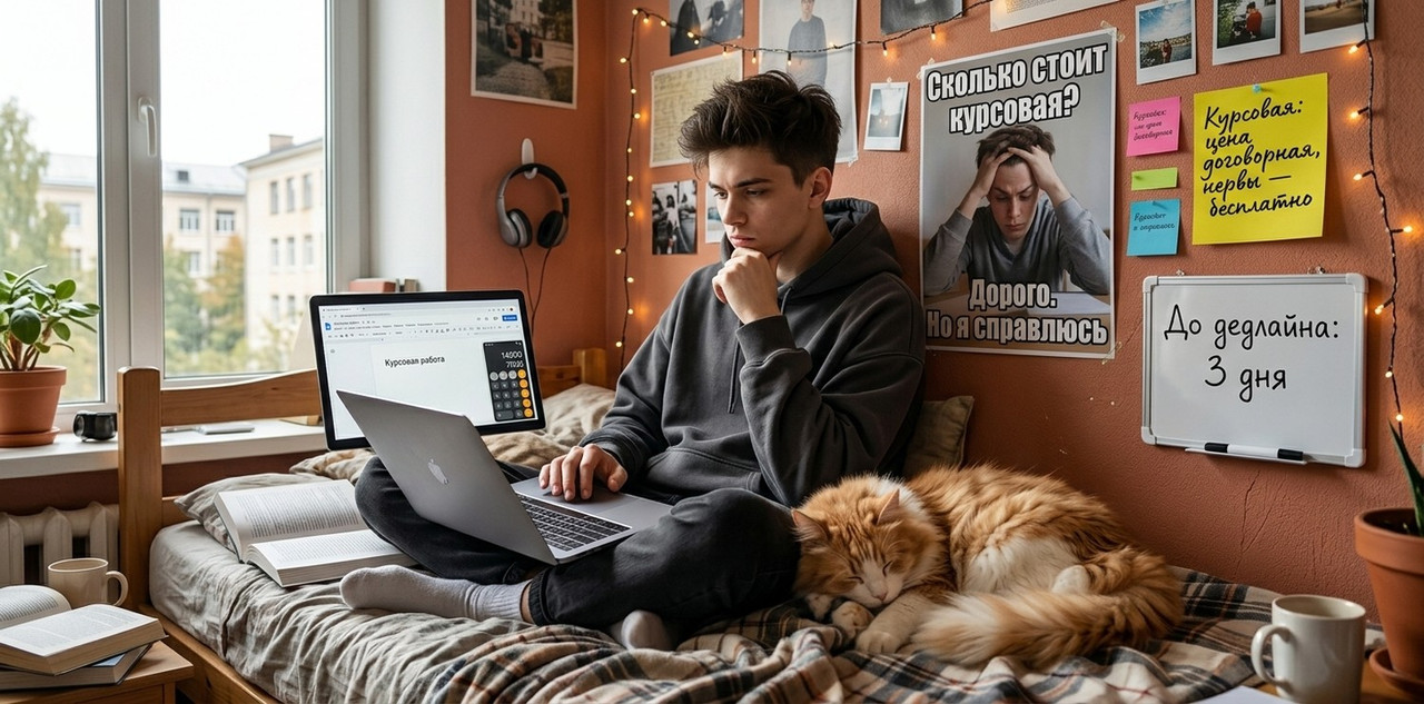 student sitting on a bed in a cozy dorm room